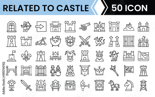 Outline Castle Icon Set in Line Art Style for Medieval, Architecture, Fantasy, and Digital Interface Design