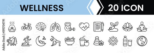 Outline Wellness Icon Set in Line Art Style for Meditation, Fitness, Spa, and Digital Interface Design