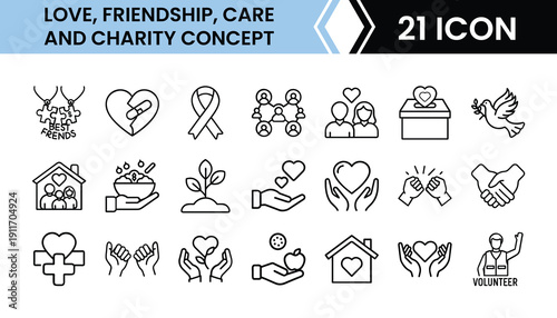Friendship & Care Outline Icon Set in Line Art Style for Charity, Social Work, Community, and Digital Interface Design