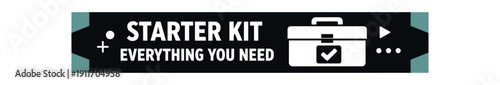 Flat vector label strip badge STARTER KIT EVERYTHING YOU NEED simple white toolbox with checkmark pictogram beside text small tabs