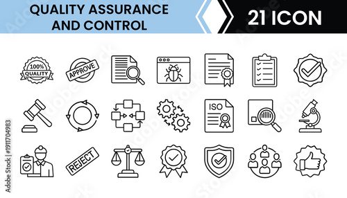 Outline QA & Control Icon Set in Line Art Style for Manufacturing, Product Testing, Standards, and Digital Interface Design
