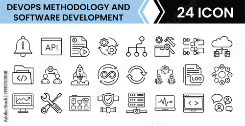 Outline DevOps & Software Development Icon Set in Line Art Style for Programming, IT Operations, Deployment, and Digital Interface Design