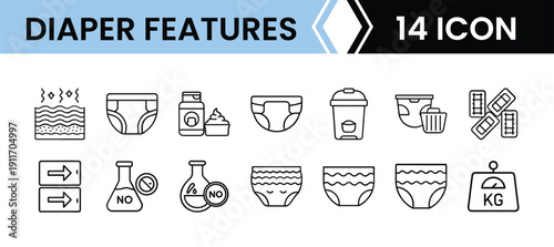 Outline Baby Diaper Icon Set 14 in Line Art Style for Infant Care, Hygiene, and Digital Interface Design