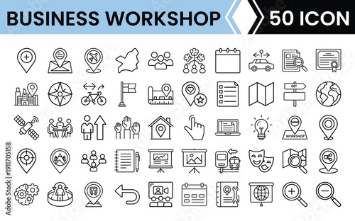 Outline Business Training Icon Set 50 in Line Art Style for Workshops, Seminars, Coaching, and Digital Interface Design