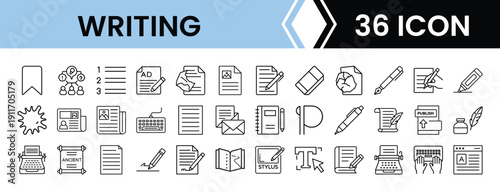 Outline Writing Icon Set in Line Art Style for Blogging, Copywriting, Content Creation, and Digital Interface Design
