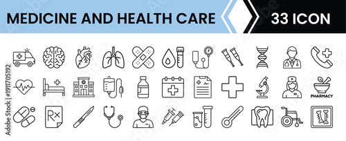 Medicine and Health Care Pack Line Art Icon Set with Outline Doctor, Pills, Treatment, and Medical Symbols for Web, App, and UI Design