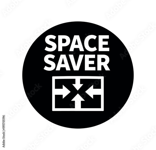 Flat vector badge SPACE SAVER simple white box with arrows inward
