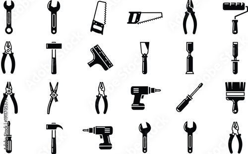 Black Handyman Tool Icon Vector Set, Professional Construction Equipment For DIY Repair, Maintenance, Hardware Store Branding, Carpentry Workshop, Industrial Design