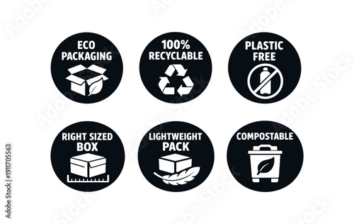 six separate flat vector badges badge solid black circle with the text consistent style and size badge texts and : ECO PACKAGING leaf box icon 100% RECYCLABLE recycle icon PLASTIC FREE