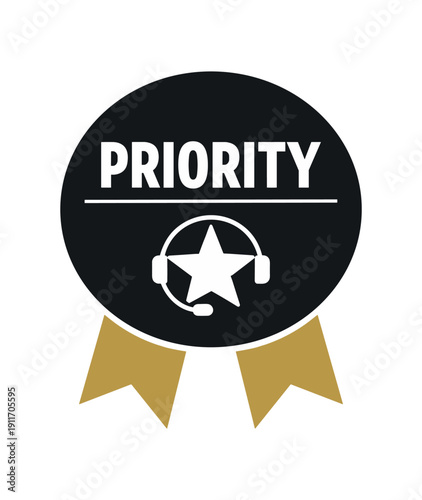 Flat vector ribbon badge PRIORITY simple white with headset two ribbon below circle