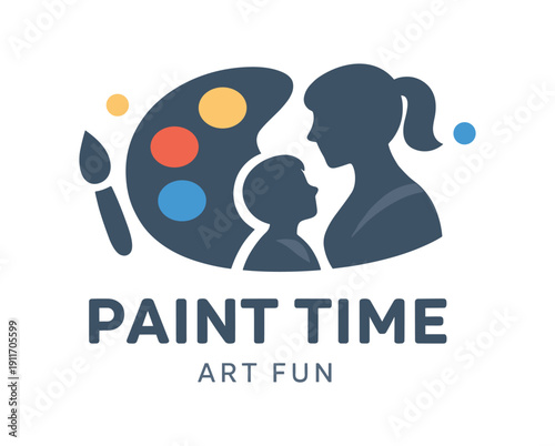 Single flat vector icon of mother and child painting: rounded paint palette with three paint dots small brush tip shape mother and child silhouettes nearby two confetti dots stylish modern