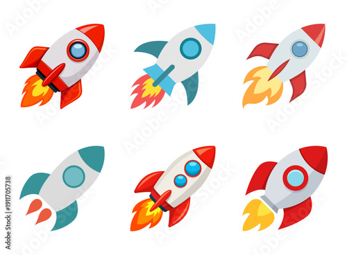 Rocket ship icon set collection in cartoon flat style. Spaceship launch vector illustration on isolated background. Space transport sign business concept.