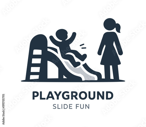 Single flat vector icon of mother and child at playground slide: rounded slide with small ladder child silhouette sliding mother silhouette standing nearby two tiny motion ticks stylish