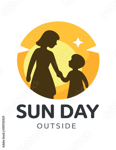 Single flat vector icon of mother and child summer sun: mother and child silhouettes holding hands rounded sun badge with two ray cutouts one tiny sparkle dot stylish modern cutout look