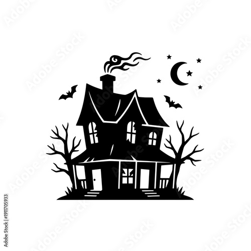 Black silhouette of haunted house on white background, vector illustration for Halloween with bats, moon and dry trees, minimalistic graphic design for decoration and cutting.