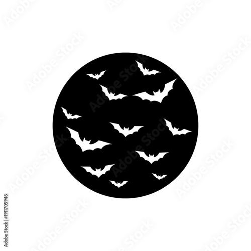 A flock of white bats against a black round sky or moon, a minimalist vector print for Halloween, bat silhouettes for graphic design and stickers.