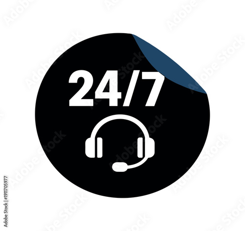 Flat vector sticker peel badge solid black sticker with peeled corner 24/7 simple white headset