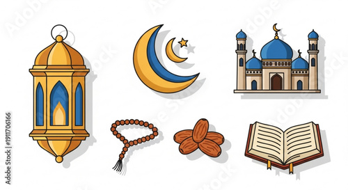 Ramadan kareem islamic symbols set with lantern crescent moon mosque prayer beads dates and quran on white background for holy month