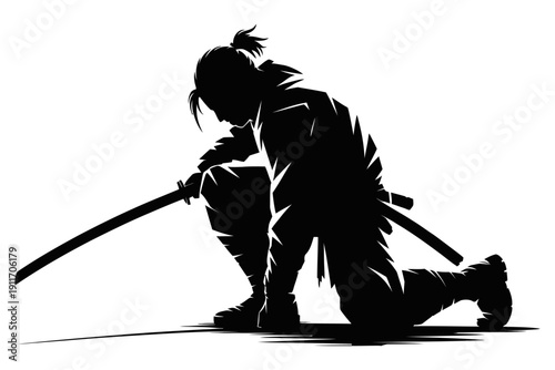 Samurai warrior kneeling with katana sword silhouette japanese ninja fighter illustration vector design