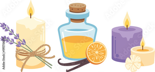 Aromatherapy Spa Composition with Candles, Essential Oil Bottle, Lavender, Vanilla and Orange Slice Vector Illustration Isolated on White Background for Wellness Design