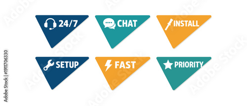 six separate flat vector corner callout stickers badge solid triangle label ( ) : 24/7 headset icon CHAT chat icon INSTALL screwdriver icon SETUP wrench icon FAST lightning icon PRIORITY