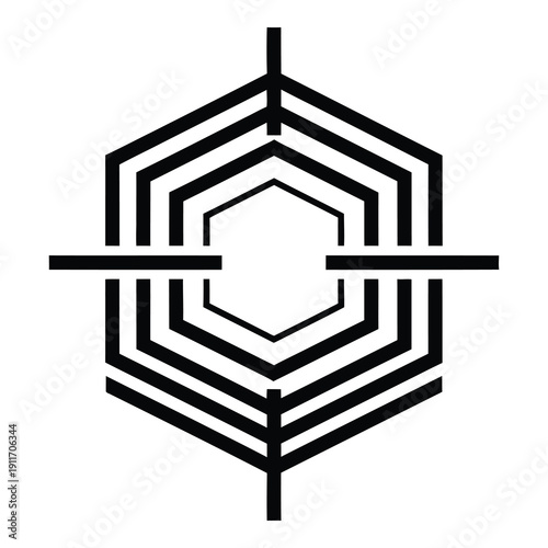 Black and white abstract geometric target reticle icon featuring nested hexagonal layers and central crosshairs symbolizing focus and precision