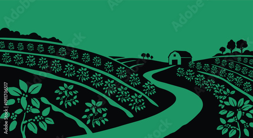 Beautiful dark green and black silhouette of a rolling hillside coffee plantation landscape with a winding farm road leading toward a small rural harvest barn.