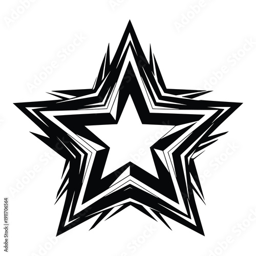 Graphic design element featuring a stylized, energetic black and white five-pointed star with sharp, layered contour outlines ideal for emblems.