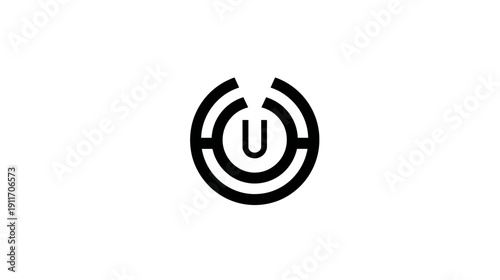 A stark, minimalist graphic featuring a "U" within concentric circles with two gaps. The background is white