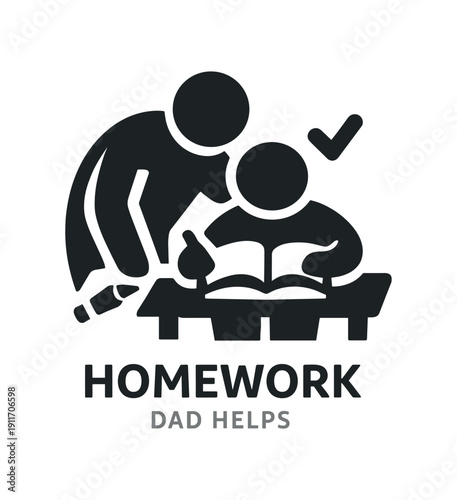 Single flat vector icon of father helping with homework: rounded father silhouette leaning over small desk child sitting with notebook tiny pencil dot and small check mark cutout stylish
