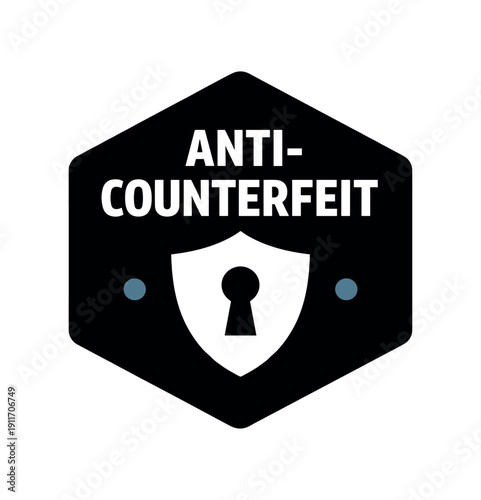 Flat vector hexagon badge solid black hexagon background ANTI COUNTERFEIT simple white shield with keyhole tiny muted steel blue