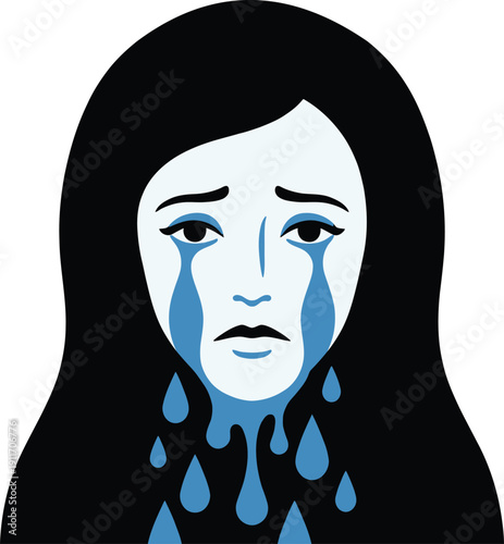 Dramatic spooky Latin American folklore weeping woman ghost face portrait with long dark black hair crying heavy blue water tears expressing deep painful sad grief.