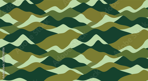 Abstract green military style camouflage seamless pattern design featuring overlapping wavy rolling hills and mountain shapes in natural earthy dark forest colors.