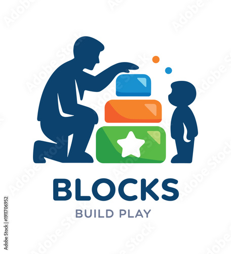 Single flat vector icon of father building blocks tower: three rounded stacking blocks with cutout on the front father and child silhouettes beside two tiny confetti dots stylish modern