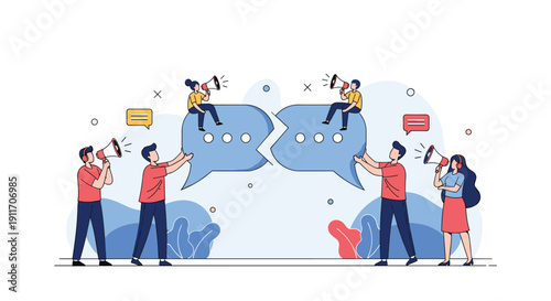 Group of people using megaphones to communicate around two giant speech bubbles symbolizing public discussion and social media.