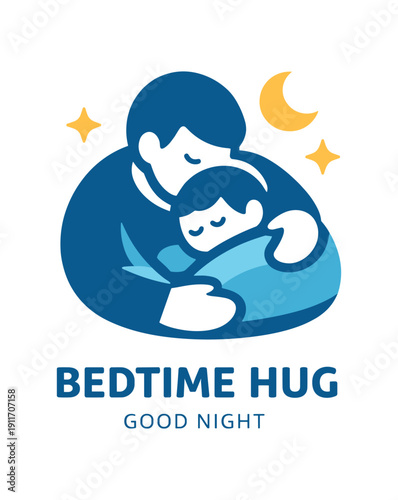Single flat vector icon of father and child bedtime hug: rounded father silhouette hugging child under small blanket tiny moon cutout above two sparkle dots stylish modern cutout look made