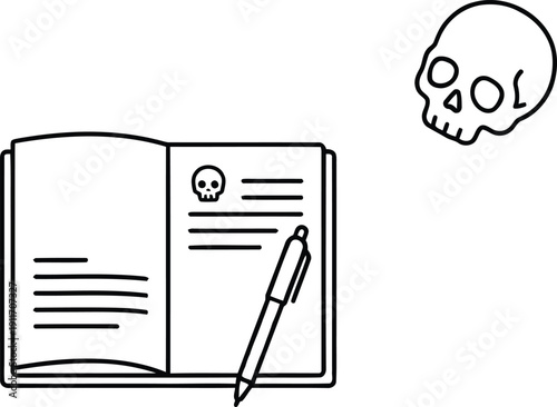 Simple open blank lined notebook with a classic writing pen and a scary human bone skull symbol placed nearby for a spooky dark magic creative art design concept.