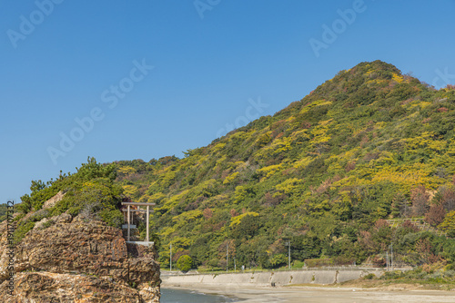 Obraz na płótnie 日本　島根県出雲市大社町の稲佐の浜にある弁天島と沖御前神社