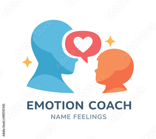Single flat vector icon of emotion coaching: rounded parent and child profile silhouettes facing other small heart speech bubble between them two tiny sparkle dots stylish modern cutout