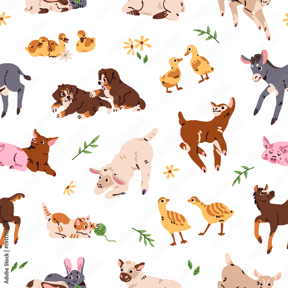 Obraz premium Repeatable pattern of cute babies of farm animals and pets. Endless background of different little and funny puppies, calves, chickens, kittens, lambs and piglets. Flat seamless vector illustration