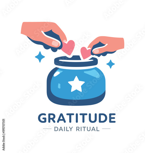 Single flat vector icon of family gratitude ritual: rounded jar with small cutout parent and child hands dropping tiny heart note shape two sparkle dots stylish modern cutout look made with