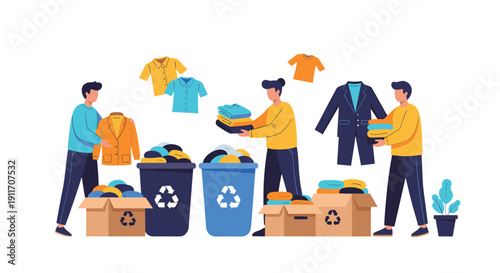 Responsible volunteers sorting used clothing items into recycling bins to promote environmental sustainability and charity.