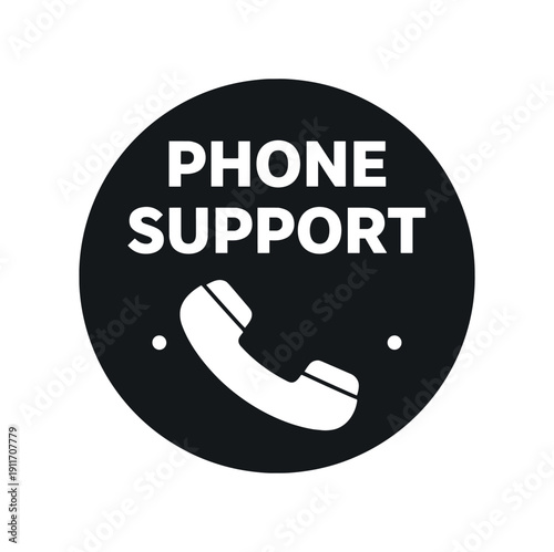 Flat vector badge PHONE SUPPORT simple white phone handset