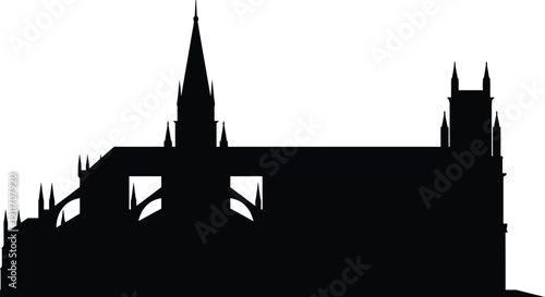 Detailed black silhouette of a large historic Gothic cathedral building with tall spires, flying buttresses, and pointed arches, representing classic European religious architecture.