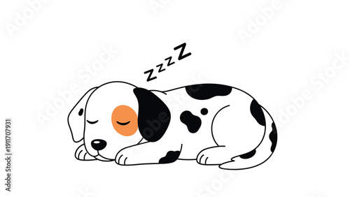 Adorable spotted puppy sleeping soundly with an orange patch over one eye and ZZZ symbols above its head on white.