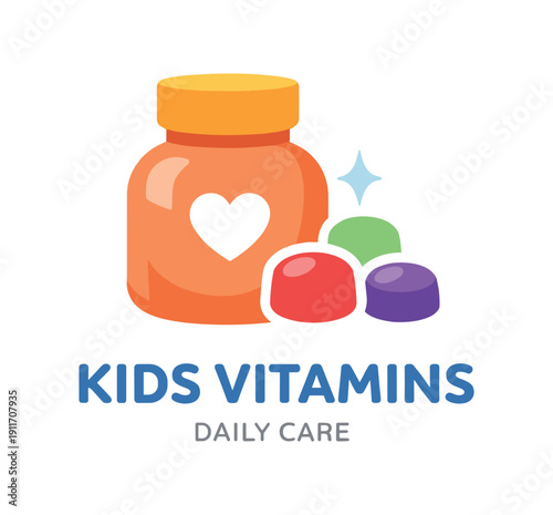 Single flat vector icon of kids vitamins: rounded bottle with small heart cutout and three gummy dots beside it one sparkle dot stylish modern cutout look made with clean negative space