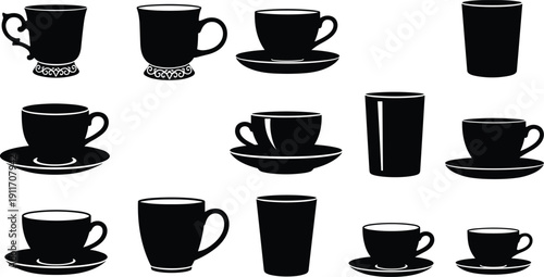 Black Coffee Cup And Tea Mug Silhouette Vector Set, Ceramic Kitchenware Icons For Cafe Branding, Breakfast Restaurant Menu Graphic Design
