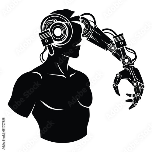 Striking black and white graphic symbolizing human augmentation featuring a muscular silhouette integrated with intricate mechanical robotic arm components