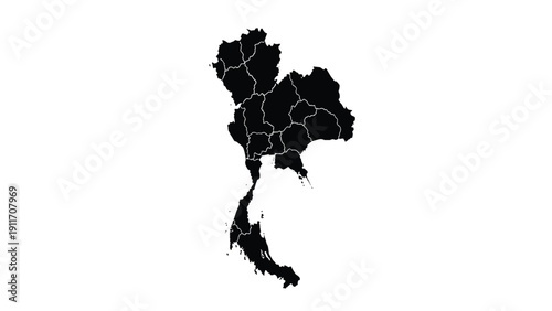 Black silhouette map of Thailand showing administrative provincial borders isolated on a clean white background.