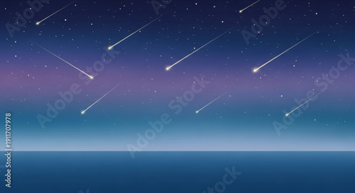 Multiple shooting stars streak across a vibrant night sky with a gradient of purple blue and white hues over a serene ocean landscape